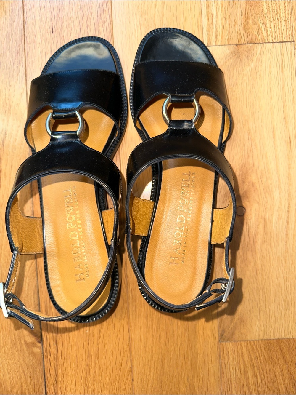 Harold's Black Leather Sandals with Gold Ring Detail
